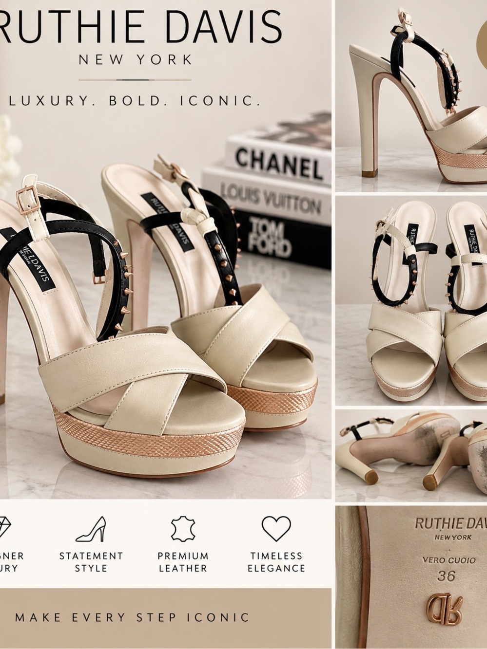 Ruthie Davis Cream and Black Platform Heels with Gold Studs